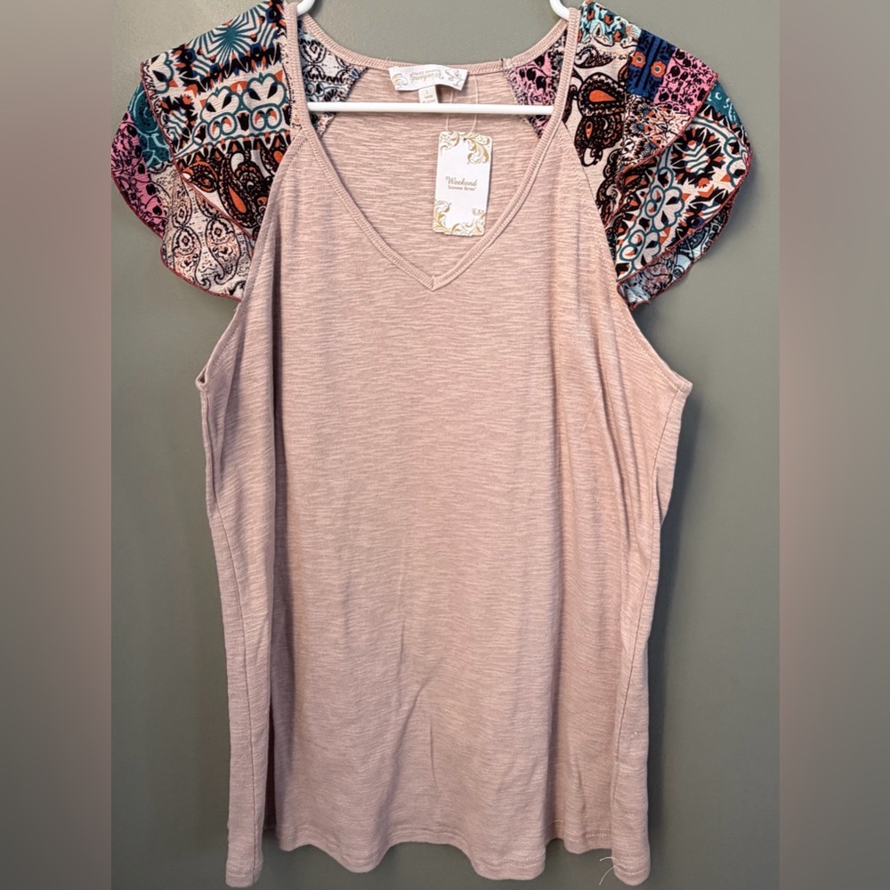 Weekend Suzanne Betro Cream Top with Patterned short sleeves sz L New